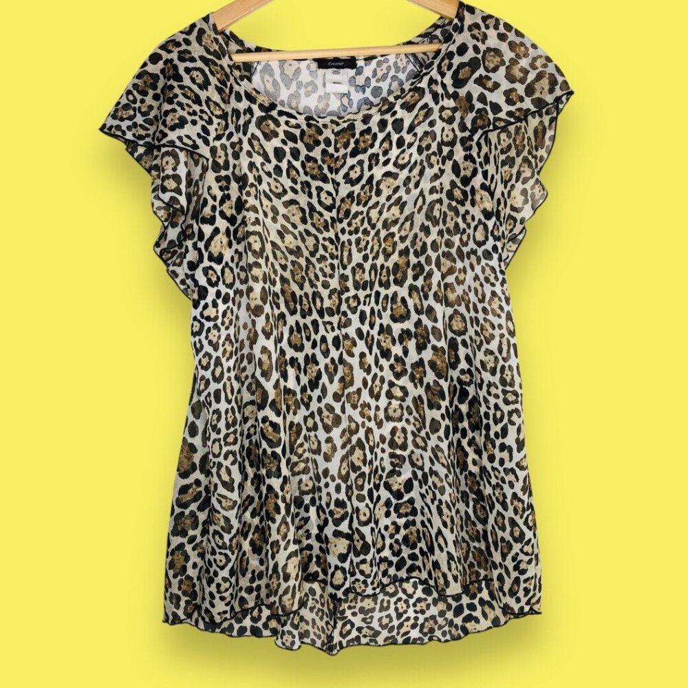 Cocomo Leopard Cheetah Print Top Blouse Sz L High-low Ruffled Sleeves Lagenlook